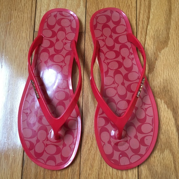 Coach Signature Logo Red/Gold Flip Flops/ Sandals - Picture 1 of 4